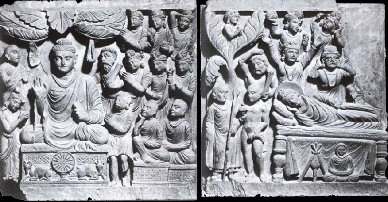 unknow artist Relief from Gandhara with the-first preaching in first preaching in the deer camp-and the death of Buddha, Kushana. France oil painting art